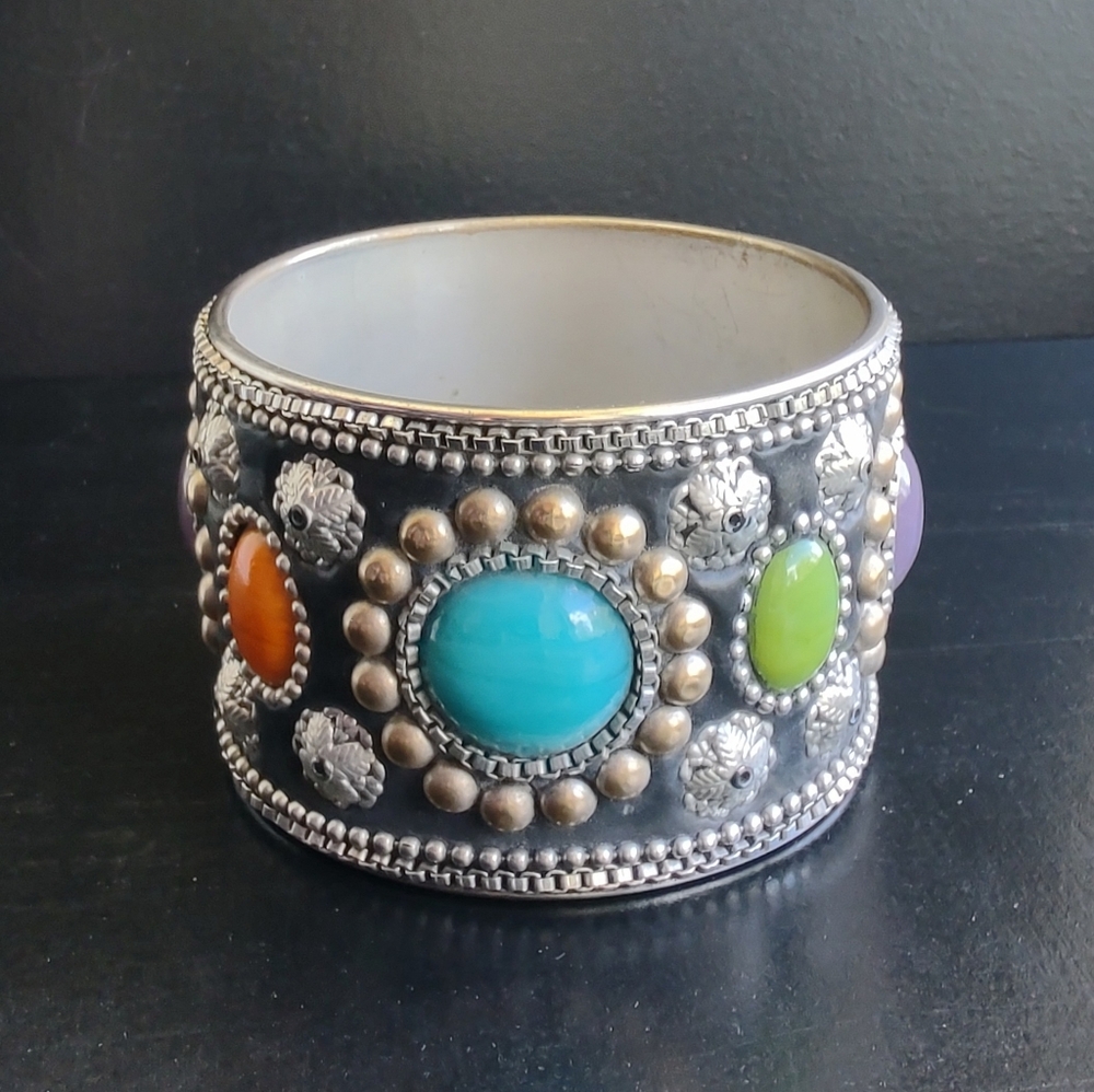 Wide Statement Bangle Bracelet - Silver & Multico… - image 2